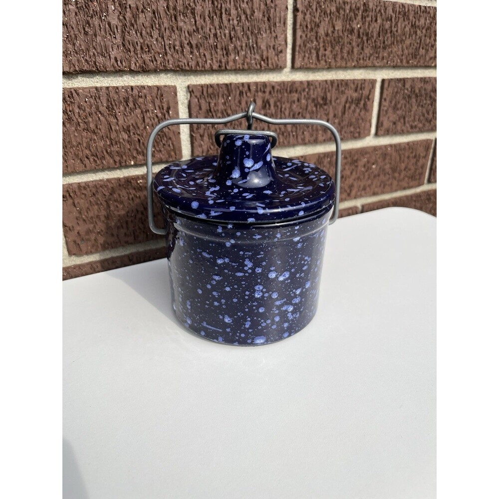 Vintage Cobalt Blue Agate Speckled Crock Butter Cheese Crock
